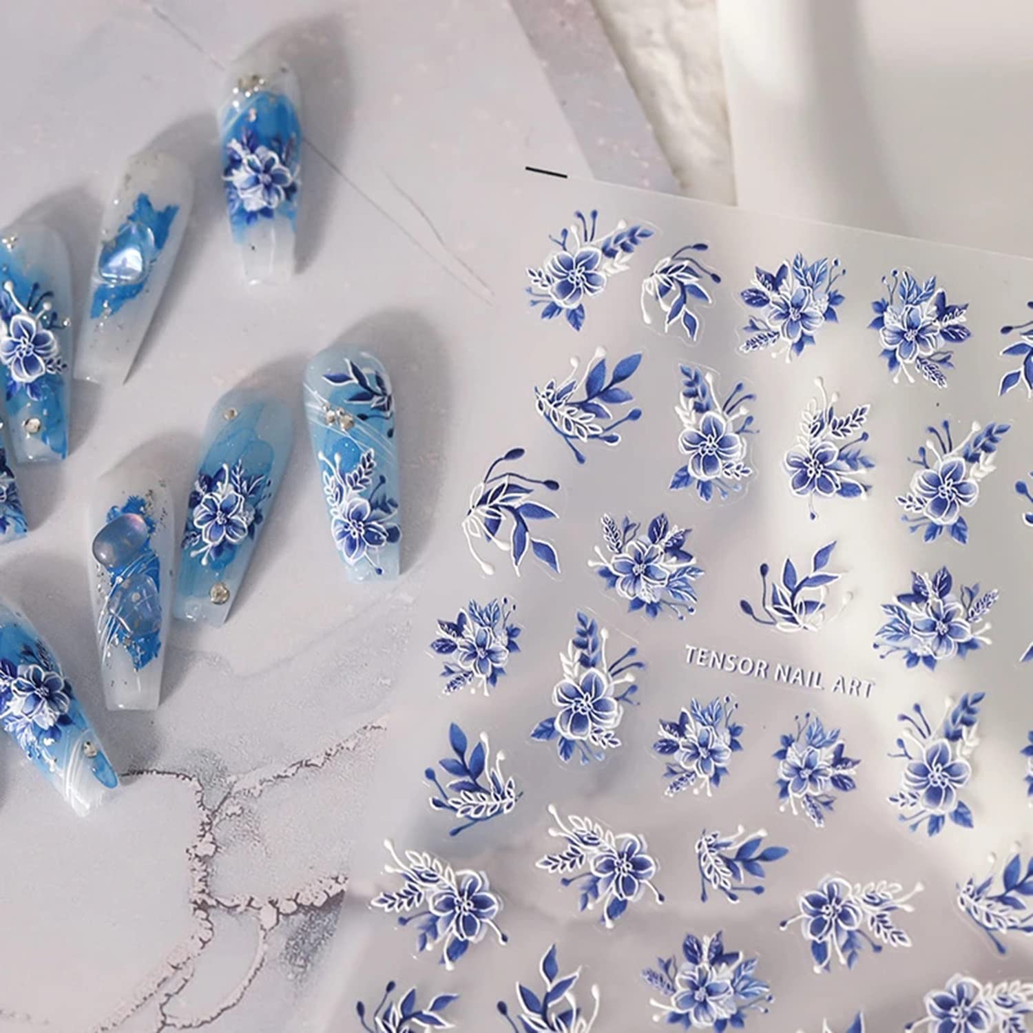 Photo 1 of Flowers Nail Stickers for Acrylic Nails, 5D Embossed Flower Nail Art Stickers Decals,Blue and White Design Flower Nail Decals Spring Summer Nail Art Accessories for Women Manicure Decoration