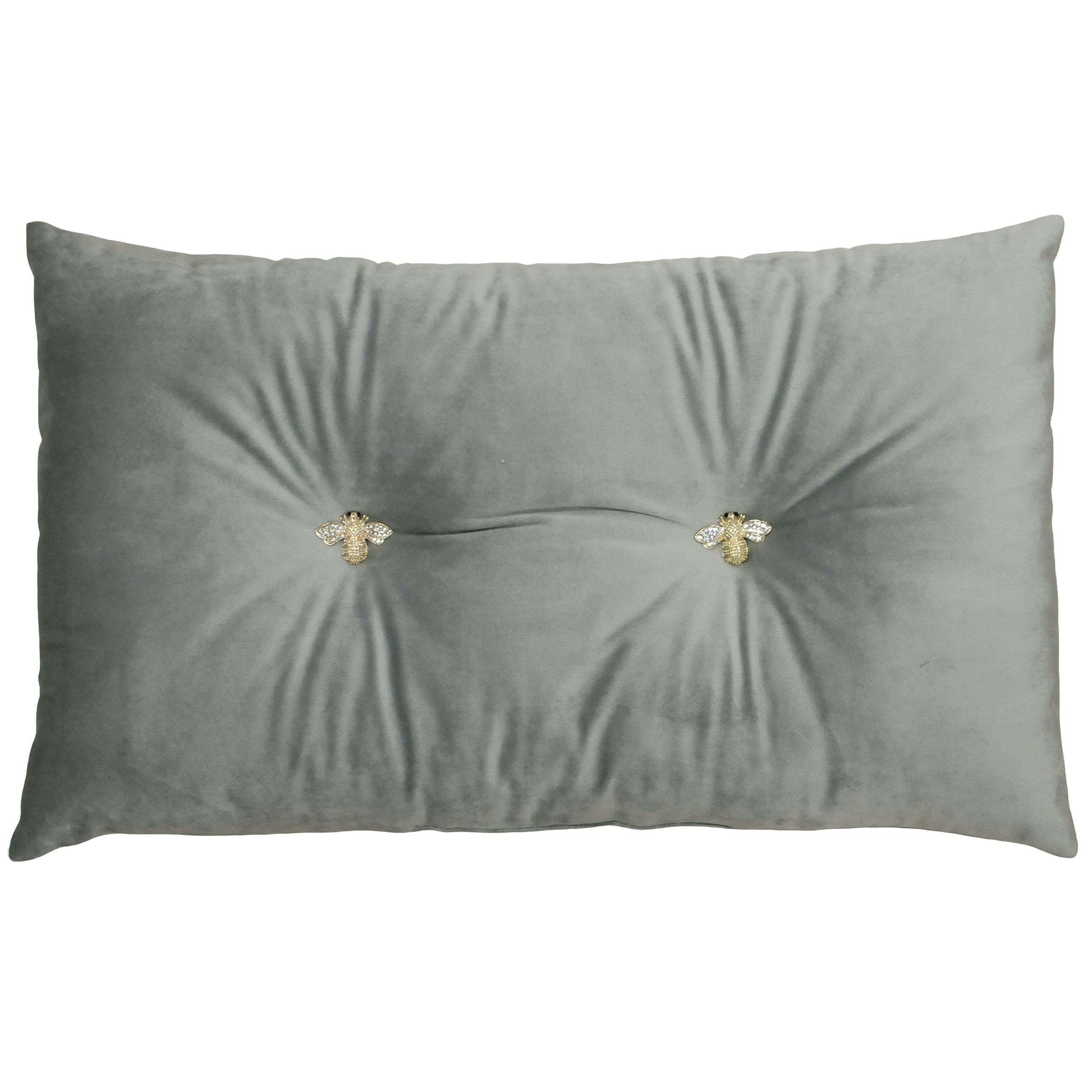 Bumble Rectangular Bee Scatter Cushion - Silver - Faux Velvet Look and Feel - Jewelled Metal Bee Buttons - Polyfilled - 100% Polyester - 30 x 50cm (12" x 20" inches) - Made by Riva Paoletti