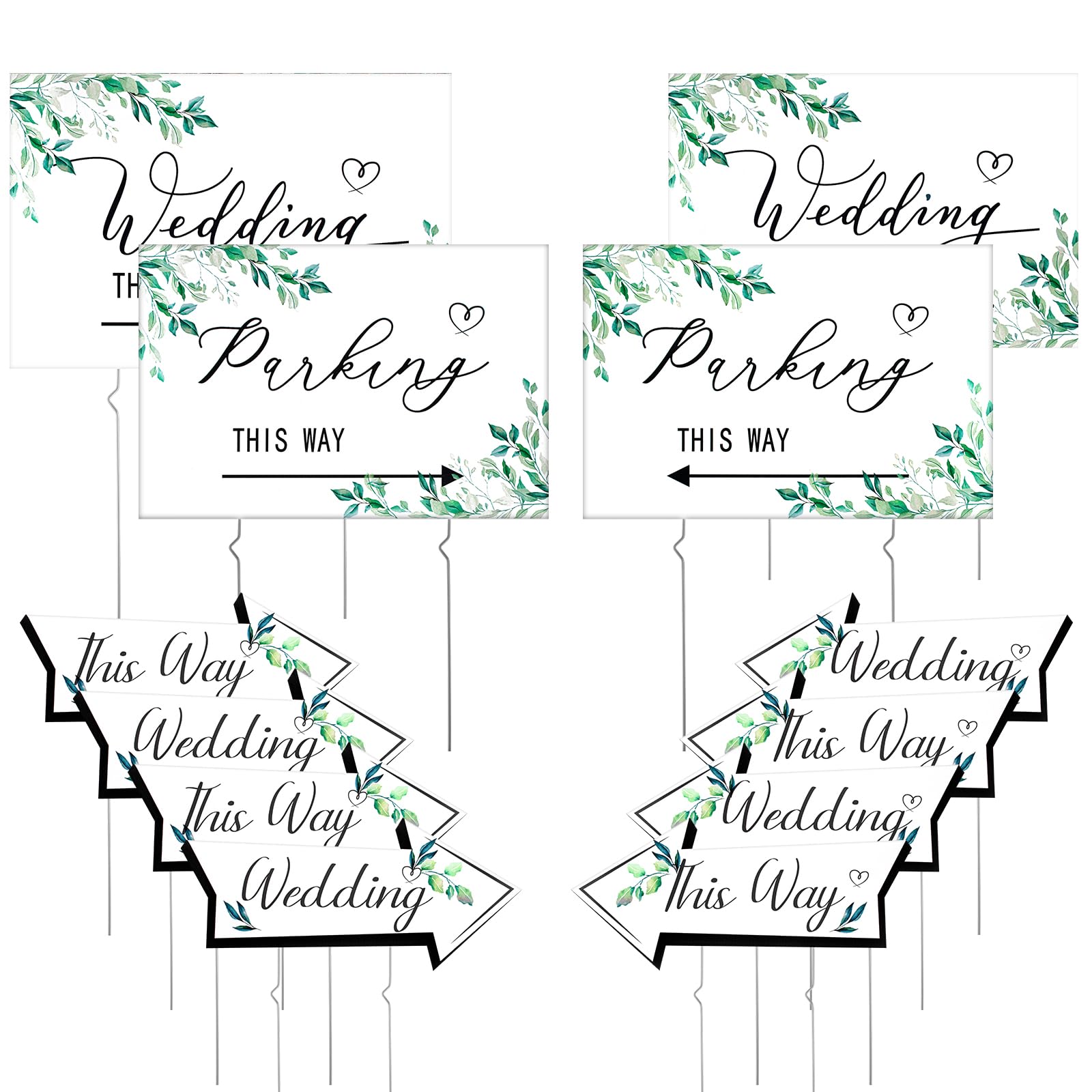 Photo 1 of Wenqik 10 Pcs Wedding This Way Directional Parking Signs Include 4 Square and 6 Arrow Shaped Wedding Directional Parking Road Signs with Stakes, Large Double Sided(Green Leaves)