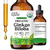 USDA Organic Ginkgo Biloba Extract Drops - Brain &amp; Focus Support - 4 oz | Liquid Ginkgo Biloba Supplements - Vegan, No Sugar &amp; Alcohol-Free Herbal Tincture - Add to Tea - No Artificial Additives