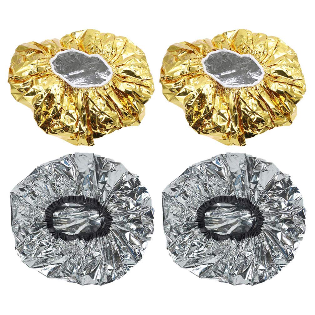 Minkissy 4pcs Aluminum Foil Cap Elastic Hair Coloring Cap Disposable Heat Shower Cap for Deep Conditioning Salon Spa (Golden Silver)