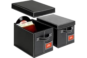 yoyobubu 2-Pack 7-Inch Vinyl Record Storage Boxes – Black Faux Leather Record Holder & Case with Lid – Compact Storage Crate for Singles, EPs, Vinyl Rolls, and Accessories