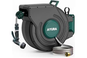 AYURA Garden Hose Reel With Hose Nozzle 50 ft x 1/2 inch with Pro Metal Shaft