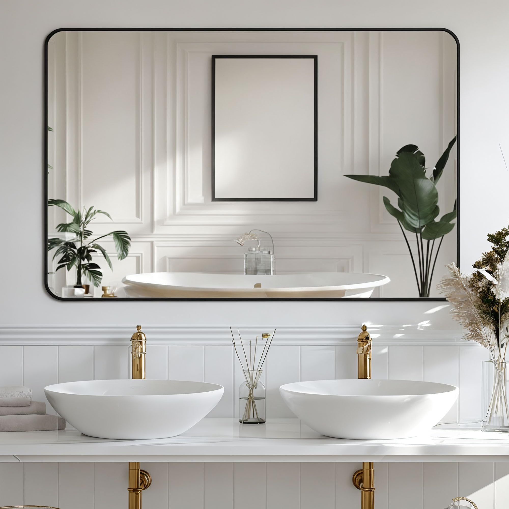 Photo 1 of Antok 60x30 Black Metal Framed Bathroom Mirror, Wall Mirror with Round Corners, Vanity Mirror for Over Sink, Anti-Rust Tempered Glass, Horizontal/Vertical Hanging for Bathroom, Living Room, Entryway