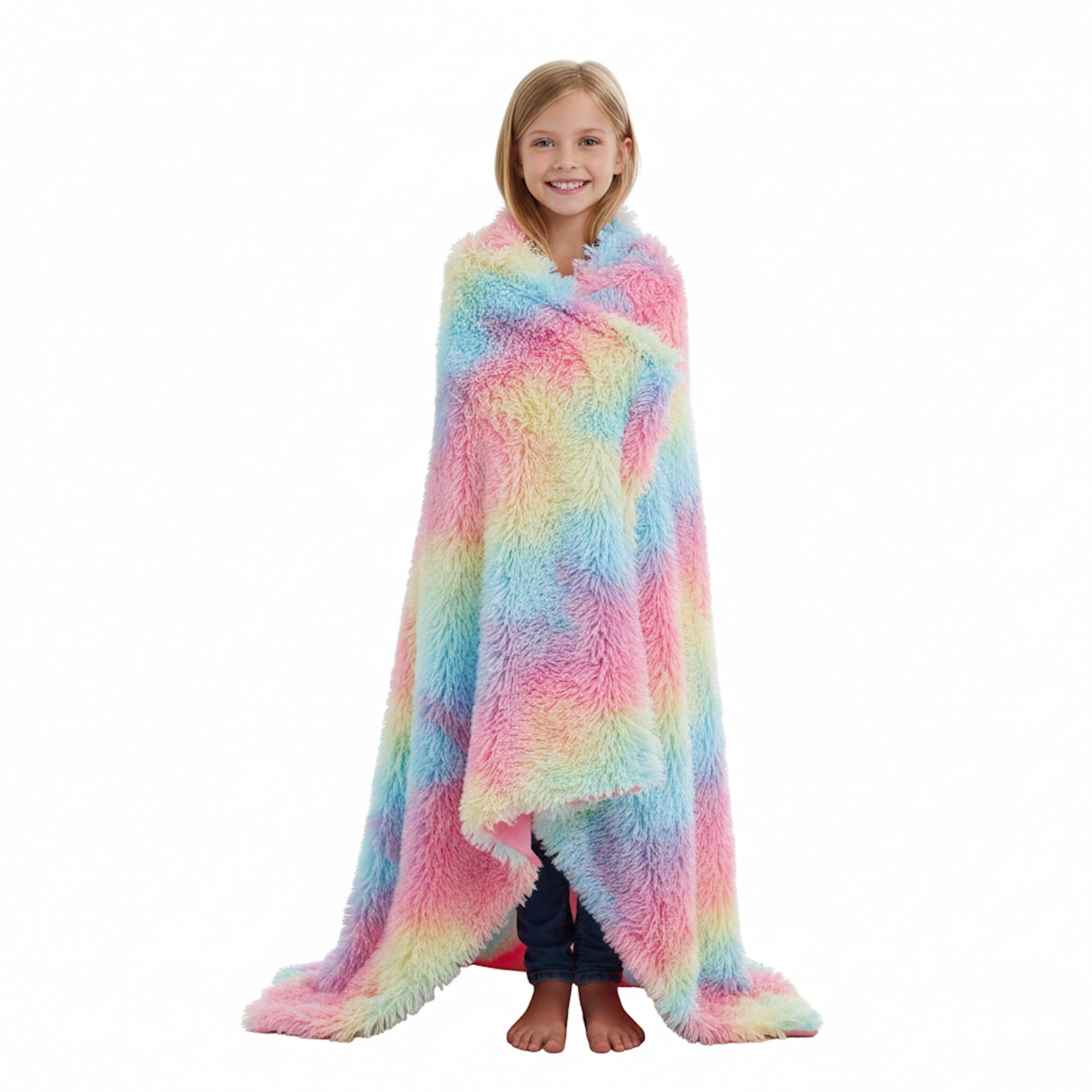 Kanguru Rainbow Fleece Blanket – Soft Fluffy Sofa Throw for Kids & Adults, Cosy Bed Cover, Pastel Rainbow Plush Blanket – 130×170 cm (51×67 in)