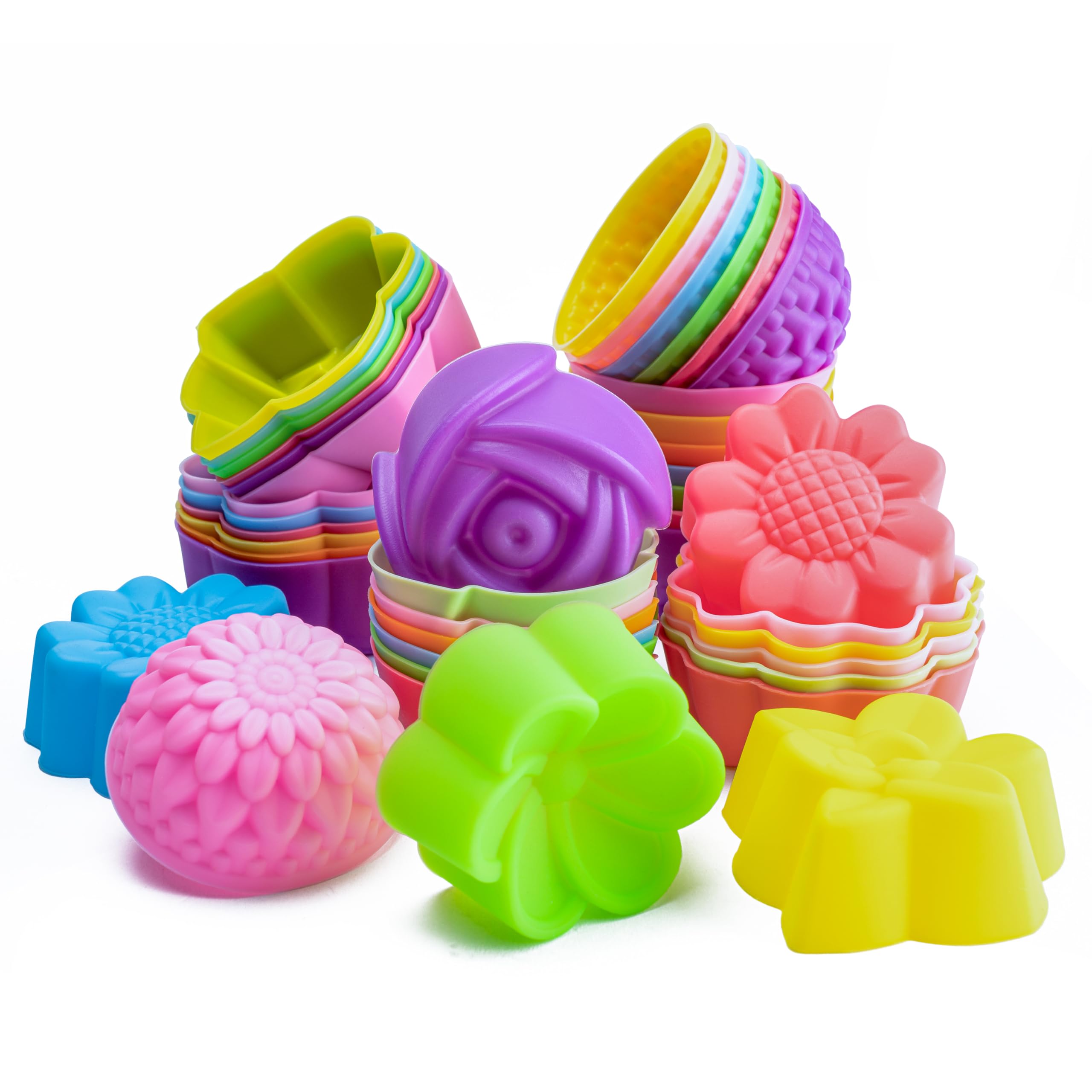 Cupcake Molds, 42Pcs Silicone Baking Cups Heat Resistant Muffin Cases Cup Liners Nonstick Rainbow Cupcake Holders Reusable Cupcake Ice Creams Puddings Moulds (2 x 0.8 Inch), 6 Shapes of Flowers