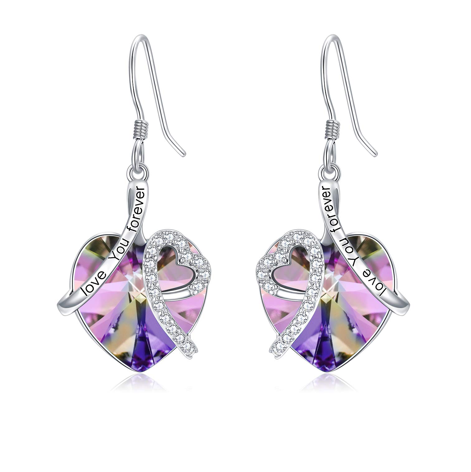 Heart Earrings Sterling Silver ''I Love You" Dangle Drop Earrings with Birthstone Crystals, Valentine Anniversary Birthday Gifts for Her Wife Mum Women Girlfriend (Purple)