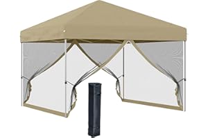 Outsunny 10' x 10' Pop-Up Canopy Tent UPF50+ Outdoor Party Tent with Mesh Sidewalls, 3-Level Adjustable Height, Roller Bag, K