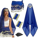 4 Pcs Belly Dance Outfit Sets Belly Dance Chiffon Hip Scarf, Head Scarf with Gold Coins 2 Coin Wrist Bracelet 50 Bobby Pins