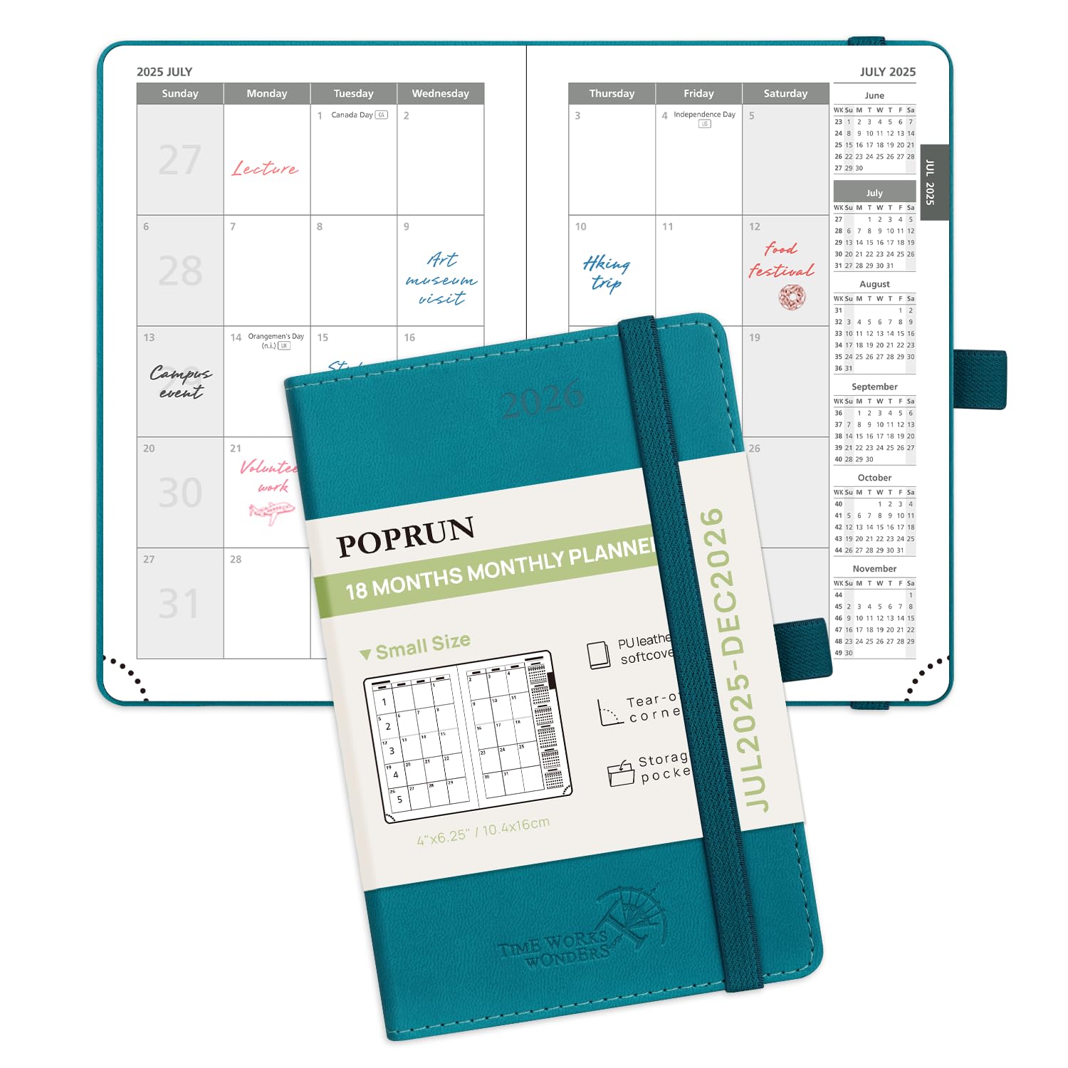 Photo 1 of POPRUN Pocket Monthly Planner 2025-2026 (Pocket- 4''x 6.25''Soft Leather Cover) - 18 Month Calendar Book for Purse (Jul.2025-Dec.2026), 100 GSM Thick Paper - Pacific Green