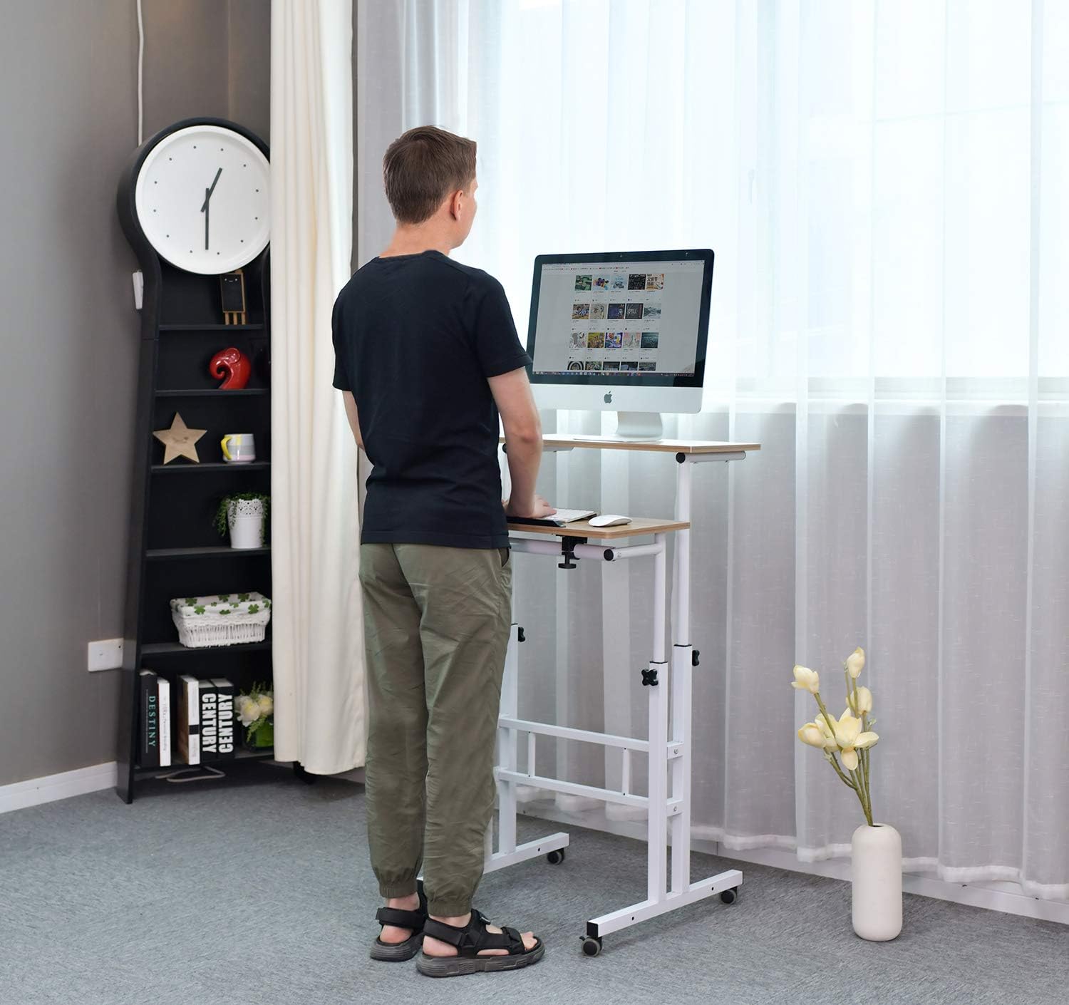 AIZ Mobile Standing Desk, Adjustable Computer Desk Rolling Laptop Cart on Wheels Home Office Computer Workstation, Portable Laptop Stand for Small Spaces Tall Table for Standing or Sitting, Oak: Kitchen & Dining