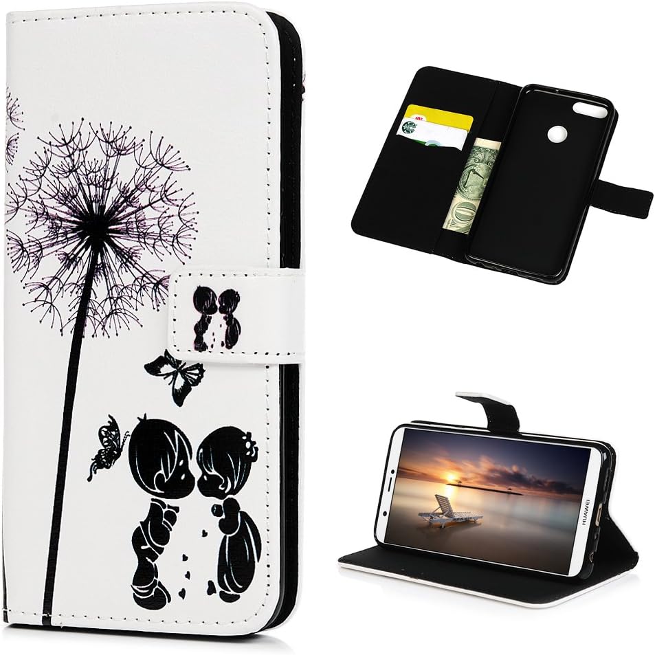 Huawei P Smart Case Cover,GEMYON PU Leather Waterproof Protective Flip Wallet Shell Mobile Phone Case Magnetic Closure with Card Slot in book style for Huawei P Smart, Couple dandelion