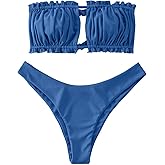 ZAFUL Women 2 Piece Strapless Bikini Swimsuits Ruffle Ribbed Self Tie Bandeau Bikini Set High Cut String Bathing Suits