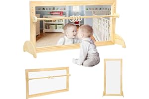 YHAOFU Montessori Mirror Baby Wall 3-in-1 Shatterproof Infant Coordination Mirror & Wooden Pull Up Bar - Enhance the baby's self-awareness and spatial sense，It is suitable for nurseries and home schools
