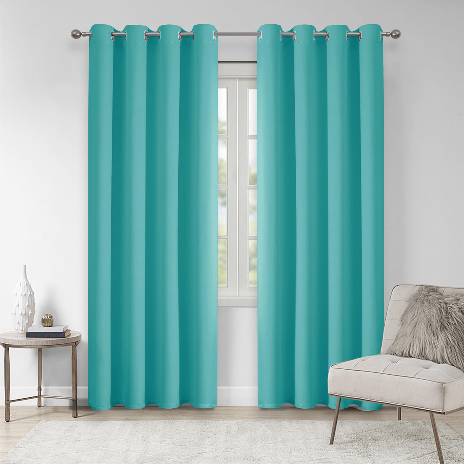 VEHEDE Soild Blackout Thermal Curtains 90 Inch Long Drop Pair for Living Room, Soft Eyelet Curtains for Bedroom, Soundproof Curtain and Drapes for Sliding Door, W46 x L90 Inch, Teal, 2 Panels