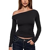 INLYRIC Women's Inbarely Seasons Off The Shoulder Double Lined Long Sleeve Tops Going Out Slim Fitted Sexy T-Shirts