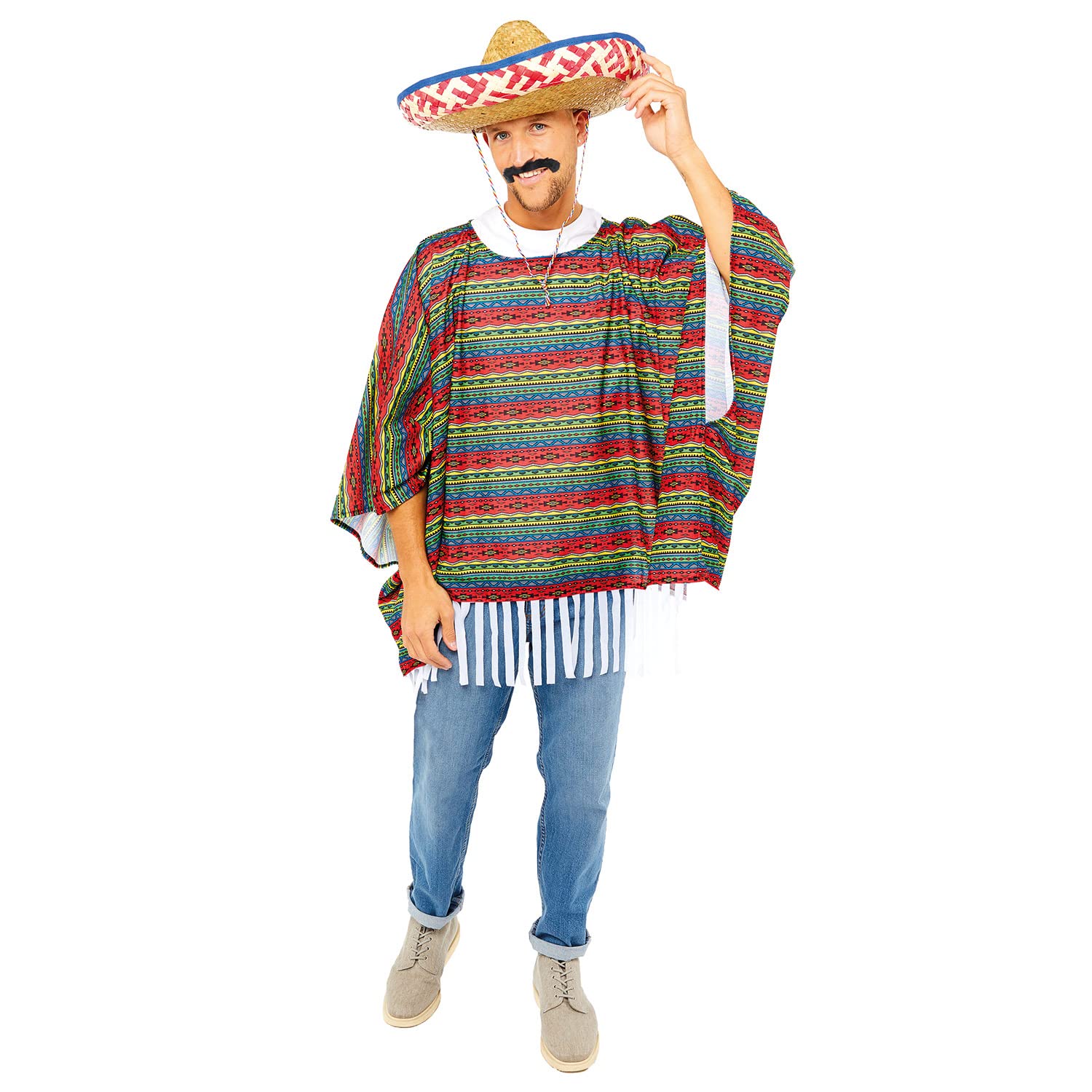 Amscan 9907071 - Mexican Bandit Poncho Hat & Moustache Fancy Dress Costume Set - One Size Adults