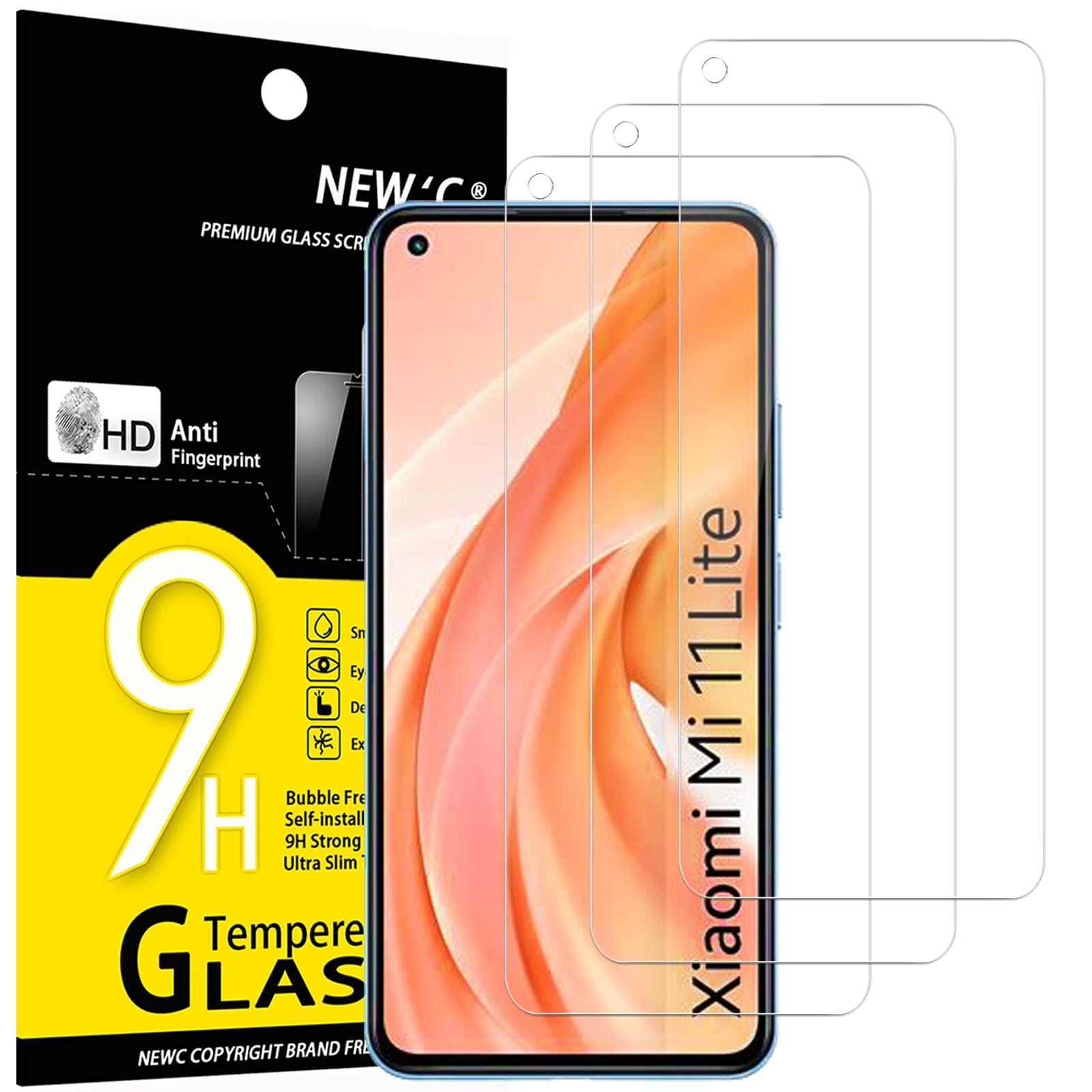 NEW'C 3 Pack Designed for Xiaomi Mi 11 Lite/Mi 11 Lite 5G Screen Protector Tempered Glass, Case Friendly Scratch Resistant,Bubble-Free, Ultra Resistant