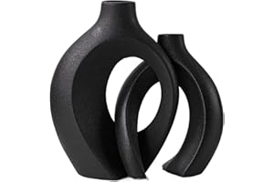 Levvohd Black Hollow Ceramic Vase Set of 2, Snuggle Round Boho Donut Modern Vase Nordic Minimalist Decorative Vase for Modern Trendy Home Table Centerpiece Decor (W 6.3" X H 8")