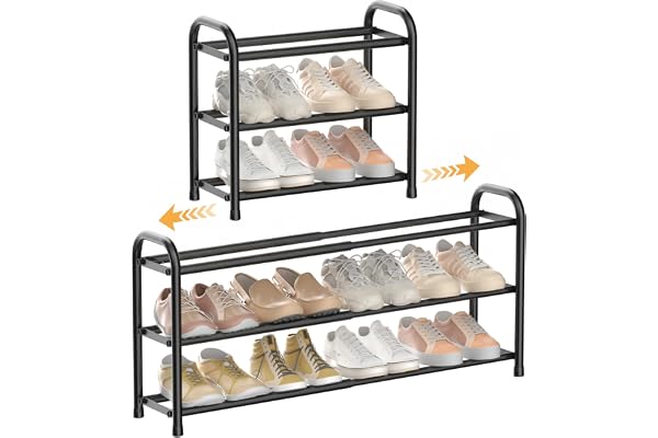 ENJOYBASICS Expandable Metal Shoe Racks for Closet, 3 Tier Adjustable Shoe Organizer Shelf, Black Free Standing Rack Storage