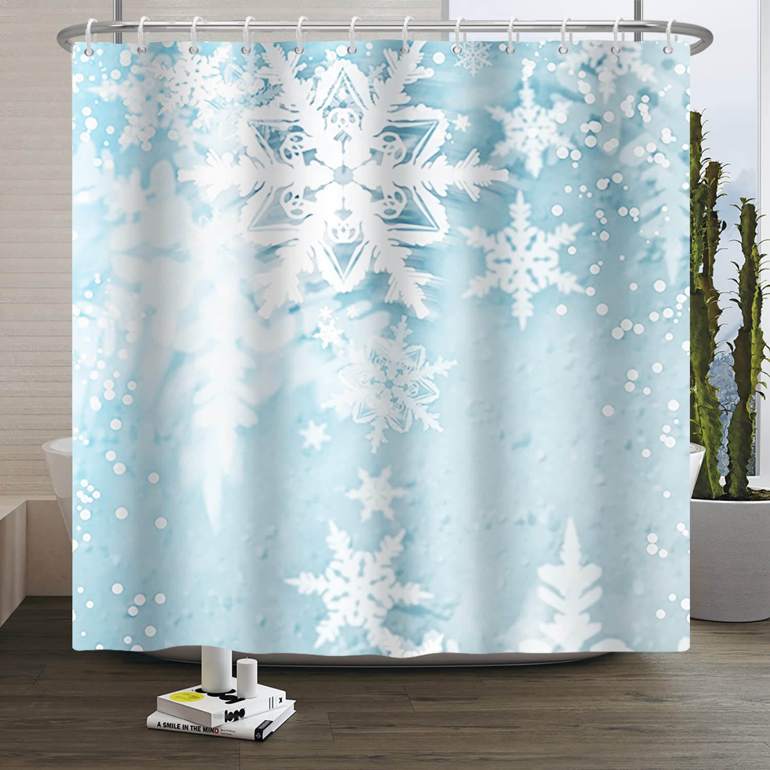 SDOTPMT 140x183cm Winter Falling Snowflake Shower Curtain Merry Christmas Bath Curtain White Snow on Light Blue Bathtub Curtain for Bathroom Decor Waterproof with Hooks