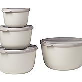 Mepal, Cirqula Set of 4 Multi Food Storage and Serving Bowls with Lids, Food Prep Containers, Deep, Nordic White,1 each: (17oz, 34oz, 68oz, 101 oz), 1 Set