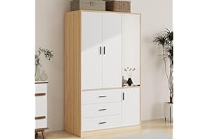 VivaVista Armoire Wardrobe Closet with Mirror, 3 Door 3 Drawers Wood Closet Wardrobe Cabinet, Bedroom Armoires Wardrobe with Drawers Cabinet Wooden with Hanging Rod Inside Cabinet and Drawers