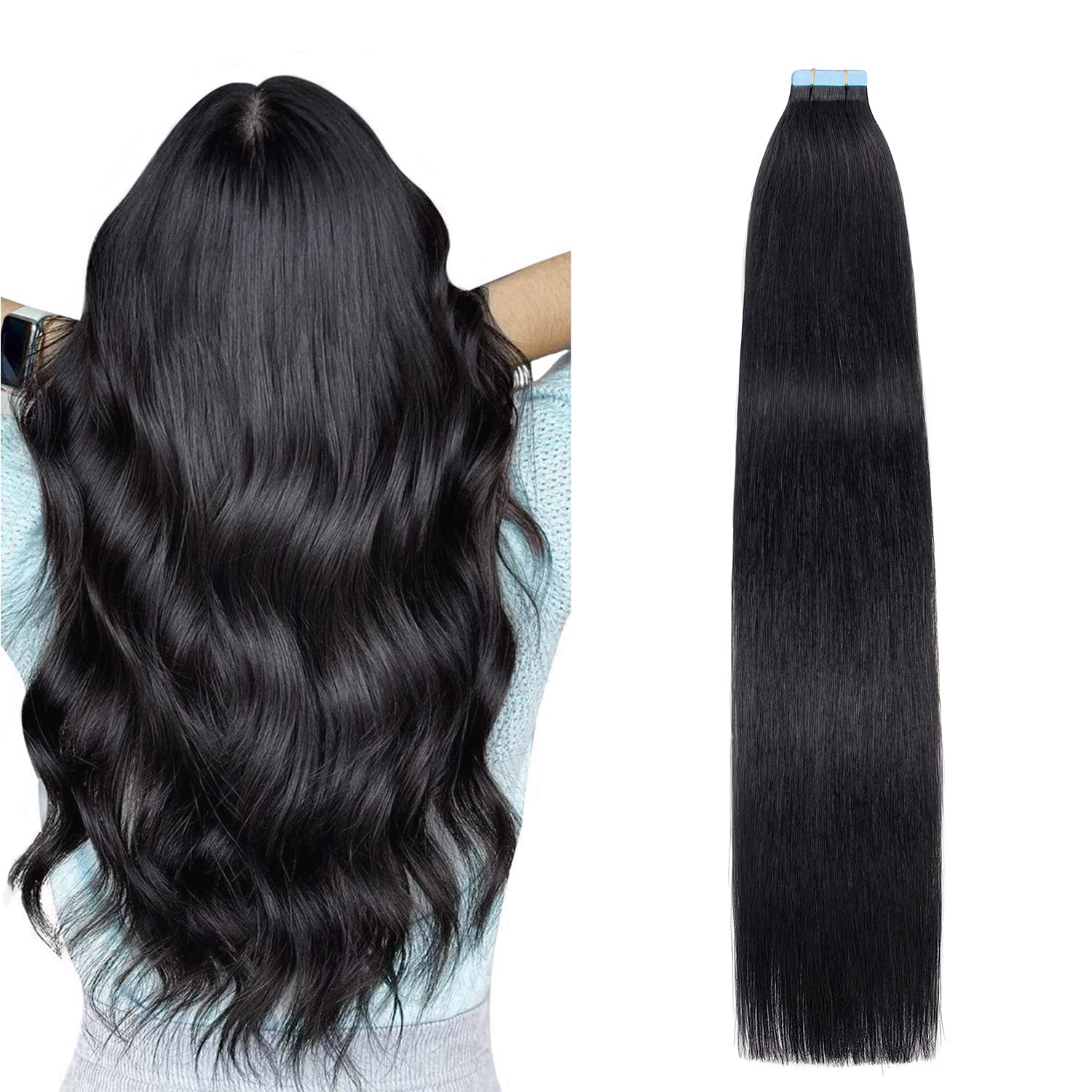 AGMITY Tape in Hair Extensions Human Hair Jet Black 24 inches 50g/pack 20pcs Invisible Straight Seamless Skin Weft Tape in Extensions Remy Human Hair(24 inches #1 Jet Black) — image 1