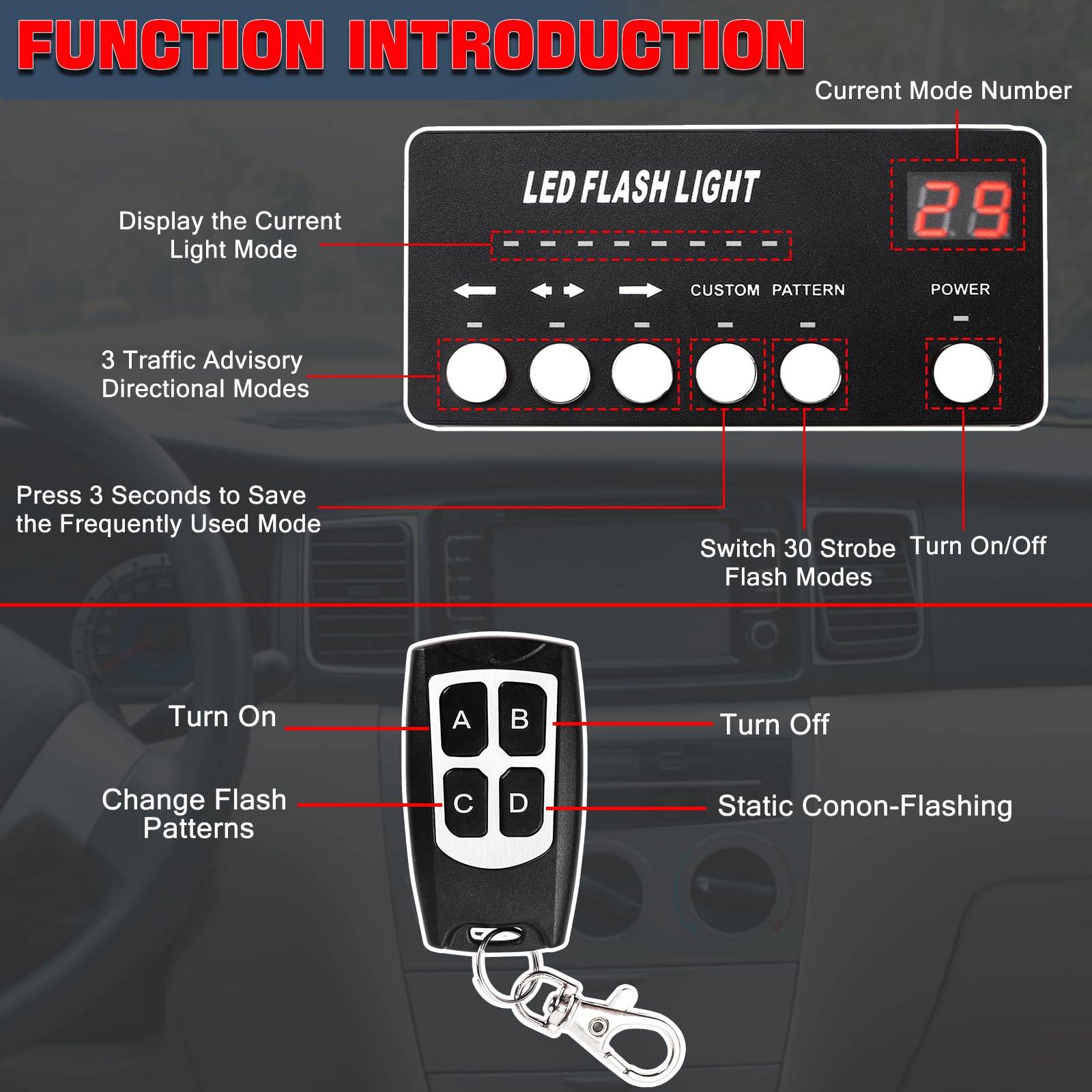 TeddyTT Emergency Strobe Firefighter Lights Bar Directional Traffic Advisor Warning Strobe Flash Emergency Fire Lights for Firefighters Vehicle Visor Lights 27 Inch 6Panel Led Remote Control White Red