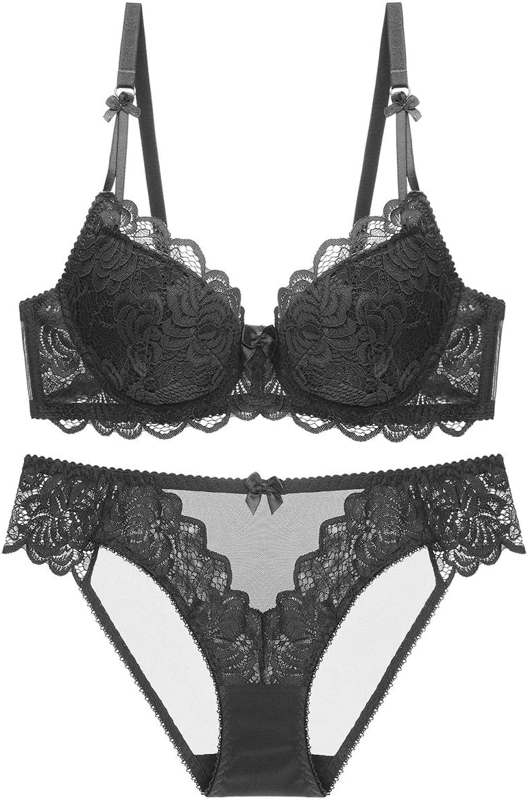 New European and American Thin Cup Soft Breathable Lace Gathered Bra Set, with Bow Ladies Underwear Black 80E