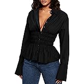 Coloquin Women Long Sleeve Button Down Fitted Shirts Collared Cinched Waist Tops Office Work Blouse