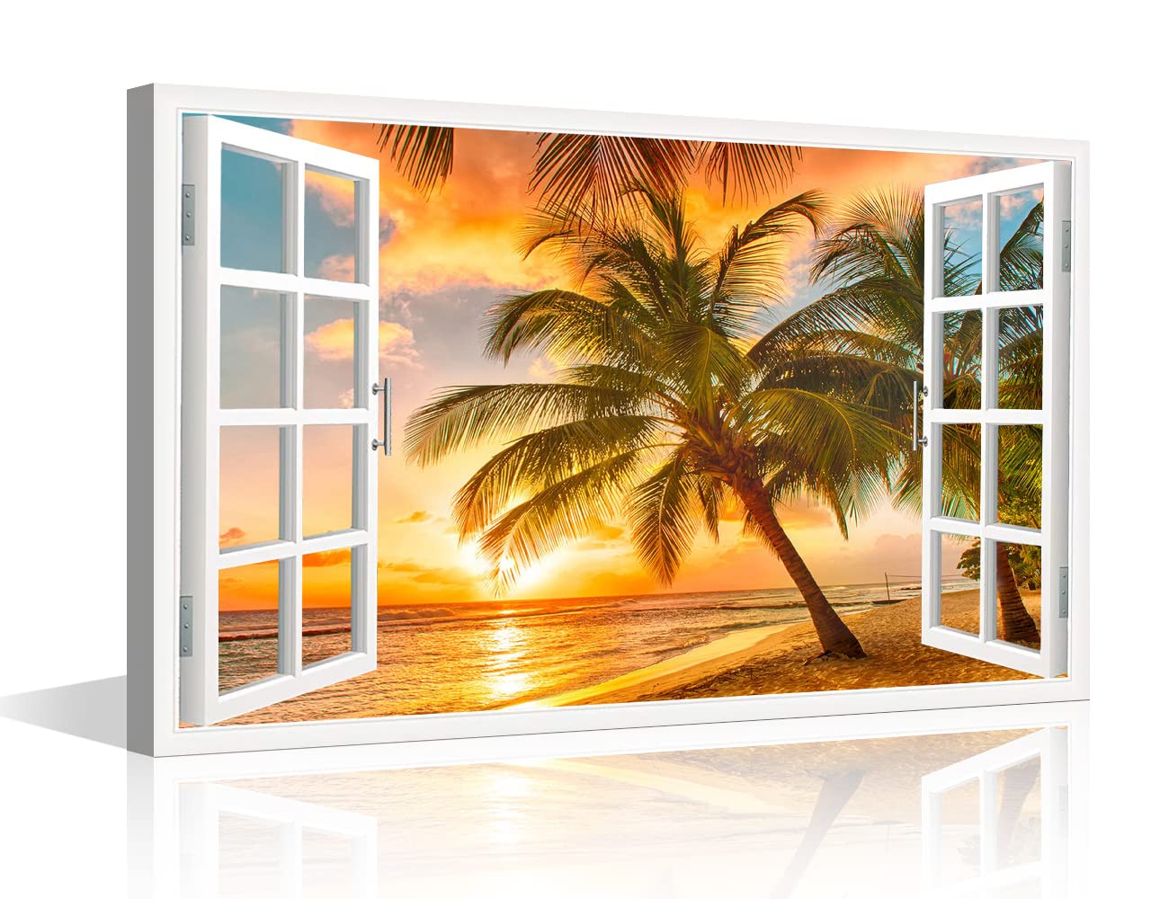 Natural Scenery Wall Art for Living Room Home Modern Decor Canvas Tropical Ocean Pictures Window View Poster House Decorations Artwork Paintings Framed Prints Stretched Ready to Hang - 24"W x 16"H — image 1