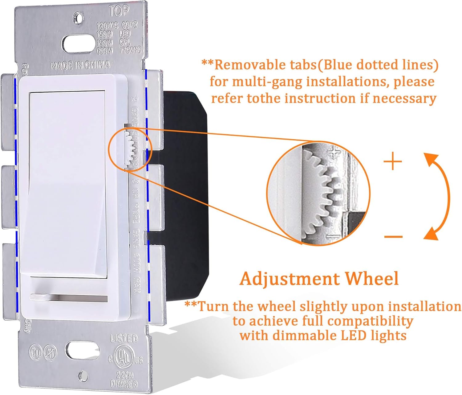Cloudy Bay in Wall Dimmer Switch for LED Light/CFL/Incandescent, 3-Way Single Pole Dimmable Slide, 600 Watt max, Cover Plate Included -2 Pack: Industrial & Scientific