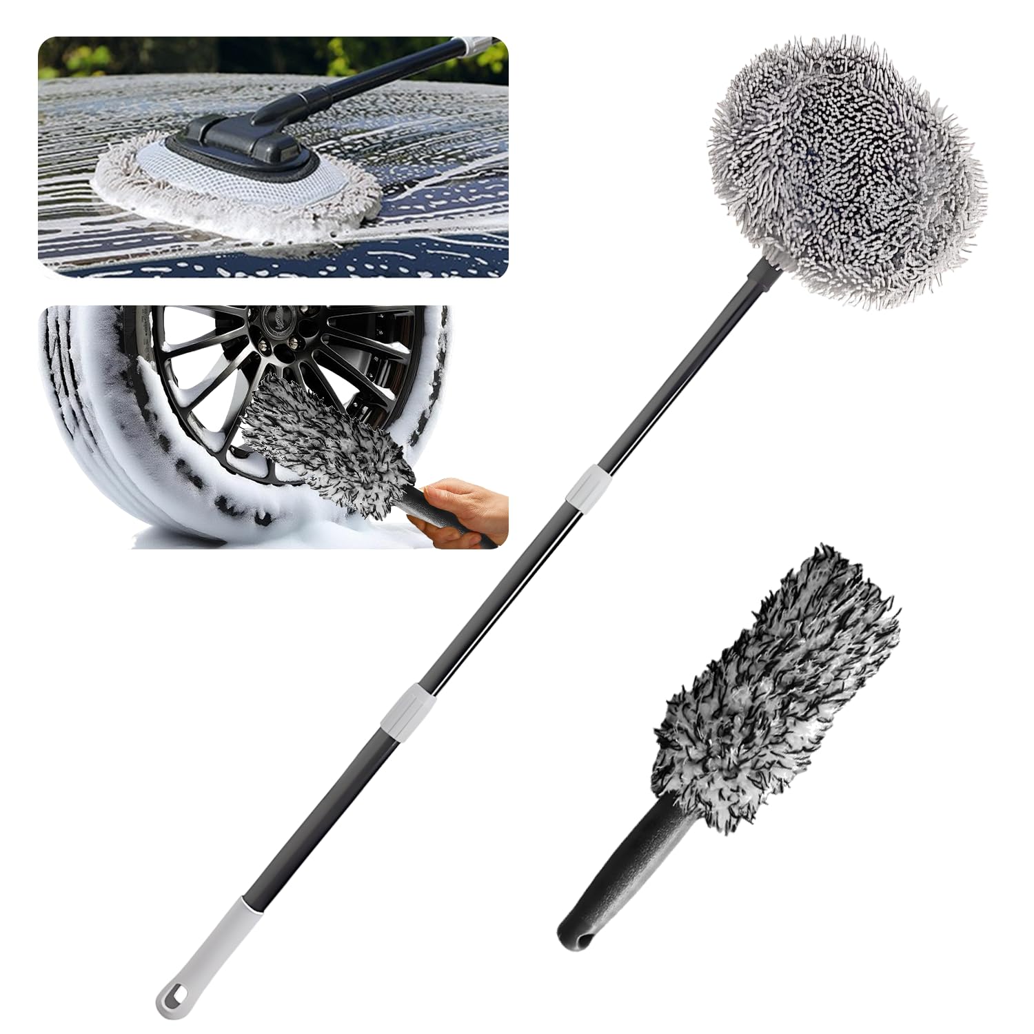 YYBAO Autowaschbürste mit Radbürste, 120CM WaschbürsteAuto mit Stiel, 120° Drehbare Reinigungsbürste Auto mit Austauschbaren Mikrofaser-Wischmoppkopf, Reinigungsbürste für Auto, LKW, Wohnmobil