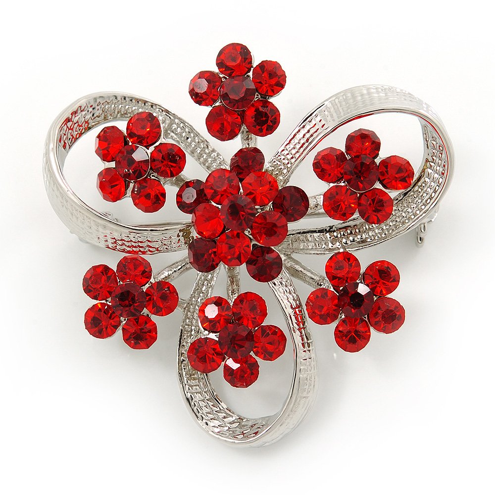 3 Petal Ruby Red Crystal Flower Brooch In Rhodium Plating - 40mm Across