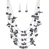 Multi-Layer Boho Shell Beaded Necklace for Women Colorful Crystal Strand with Silver Beads Statement Collars Necklace and Earrings Costumes Jewelry Sets for Women