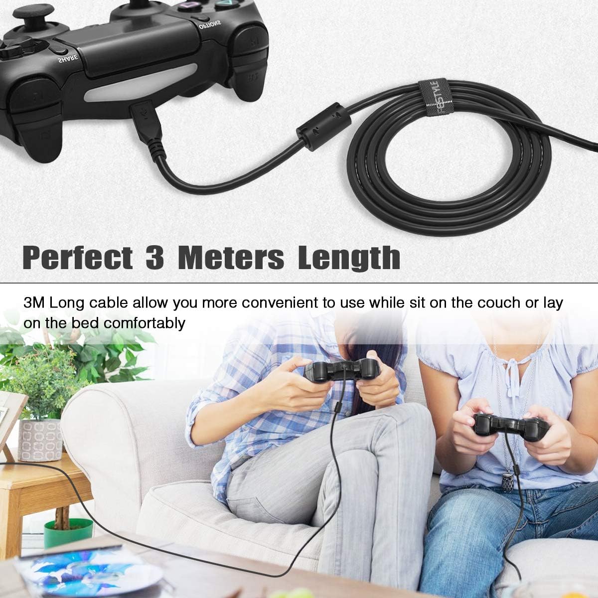 6amLifestyle PS4 Controller Charging Cable, Extra Long 3M Micro USB Charger Cable Lead for Sony Playstaion 4 - Image 3
