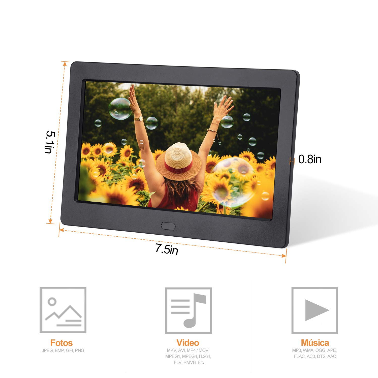 Marco Digital 7 Pulgadas Pantalla IPS Full HD, Marco de Fotos Digital HD Reproductor de Audio MP3 MP4/el Interruptor del Temporizador/Reloj/Calendario/con Control Remoto（Incluye Varilla de Soporte）