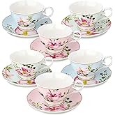 fanquare 5-Ounce Floral Tea Cups and Saucers Set of 6, Assorted Pastel Flowers Porcelain Coffee Cup with Gold Trim, Dishwasher & Freezer Safe