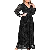 ZOMVA Plus Size Maxi Formal Dress Sparkly V-Neck A-line Ruffle Sleeves Evening Gown Cocktail Prom Lace