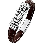 Oaldilee Mens Black Braided Leather Bracelet, Green/Red/Brown/Black Braided Leather Infinity Knot Bracelets for Men with Stainless Steel Clasp, 7.5/8.5/9in Length