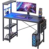 Bestier Gaming Desk with LED Lights, 44 Inch PC Gamer Desk for Small Spaces, Computer Desk with Reversible Storage Shelves & Side Storage Bag (Black Grained)