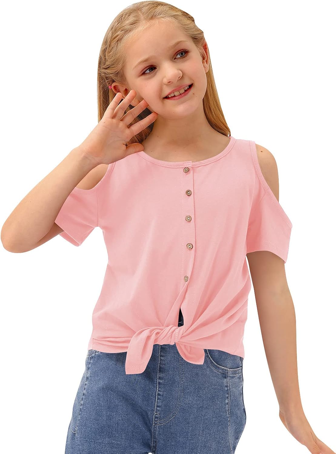 BesserBay Girl's Casual Solid Twist Knot Front Tunic Shirt Cold Shoulder Top 3-12 Years: Clothing