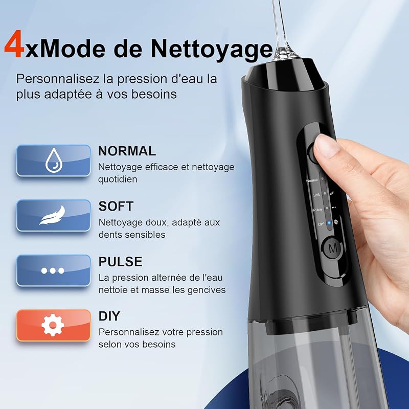 Hydropulseur jet Dentaire Portable, Réservoir d'eau de 320 ml, Noir