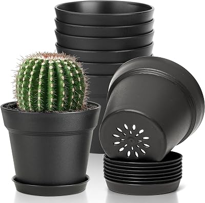 T4U 10cm Plastic Plant Pots 6-Pack with Saucers—Drainage Hole Indoor Outdoor