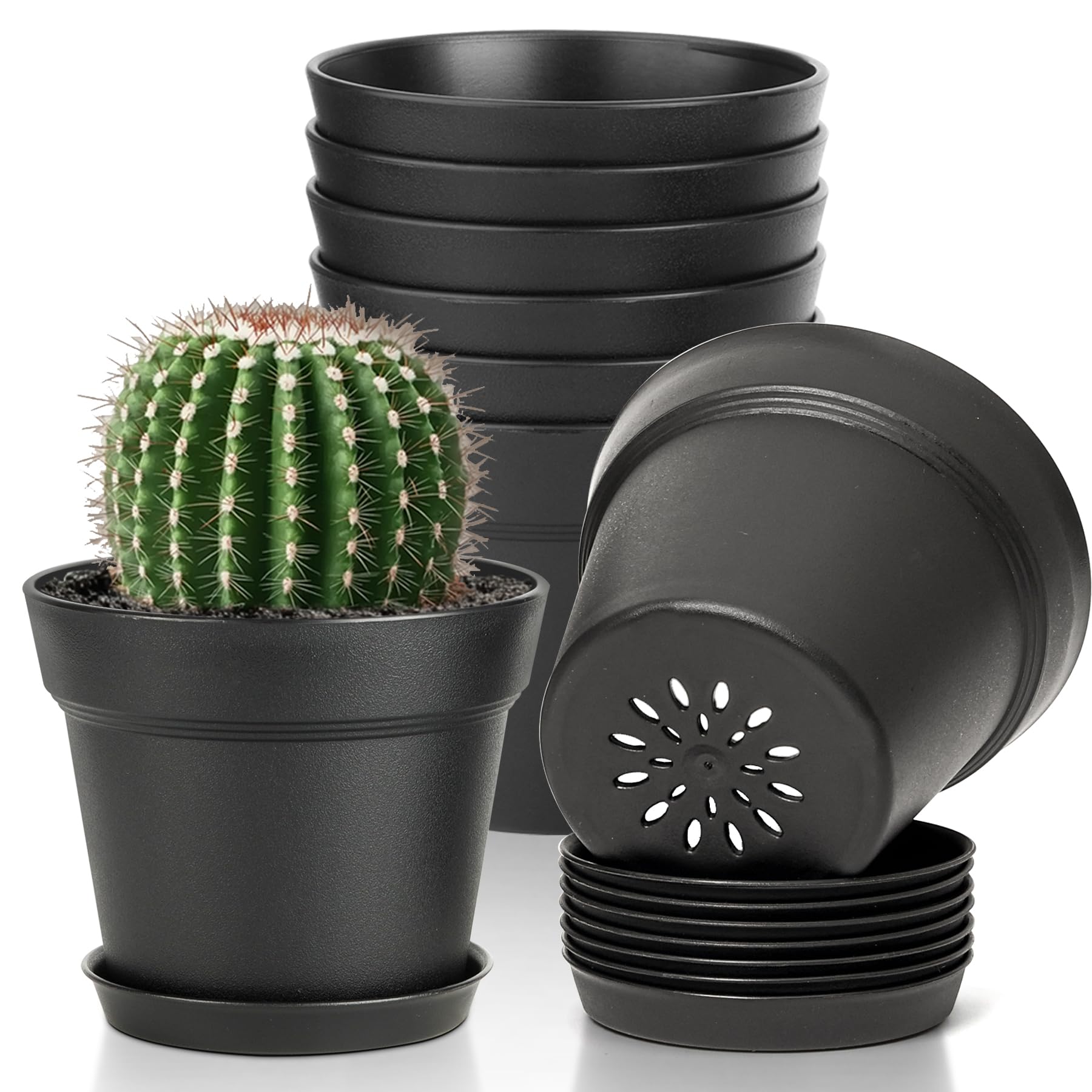 T4U 10cm Plastic Plant Pots 6-Pack, Flower Pot with Drainage Hole and Saucer, Classic Indoor Outdoor Plant Pots for Succulent, Snake Plant, Aloe Vera and All House Plants