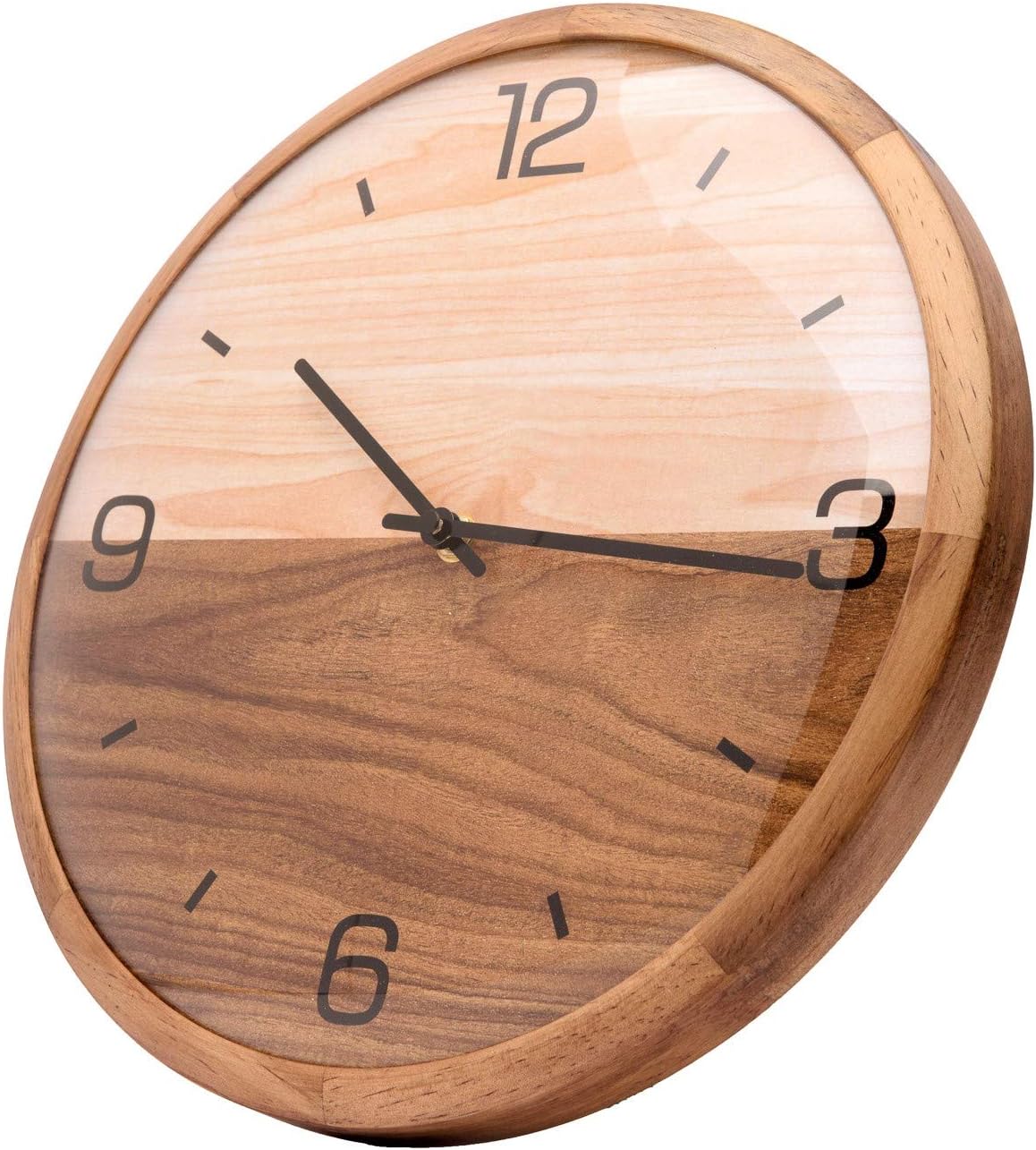 Amazon Com Driini Analog Dome Glass Wall Clock 12 Pine Wood Frame With Two Tone Wooden Face Battery Operated With Silent Movement Large Decorative Clocks For Classroom Office Living Room Or