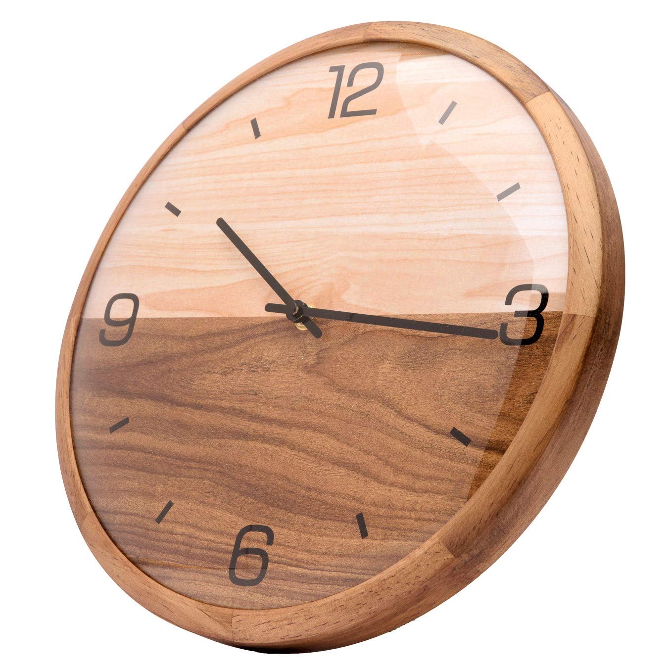 Driini Analog Dome Glass Wall Clock (12") - Pine Wood Frame with Two-Tone Wooden Face - Battery Operated with Silent Movement - Large Decorative Clocks for Classroom, Office, Living Room, or Bedrooms