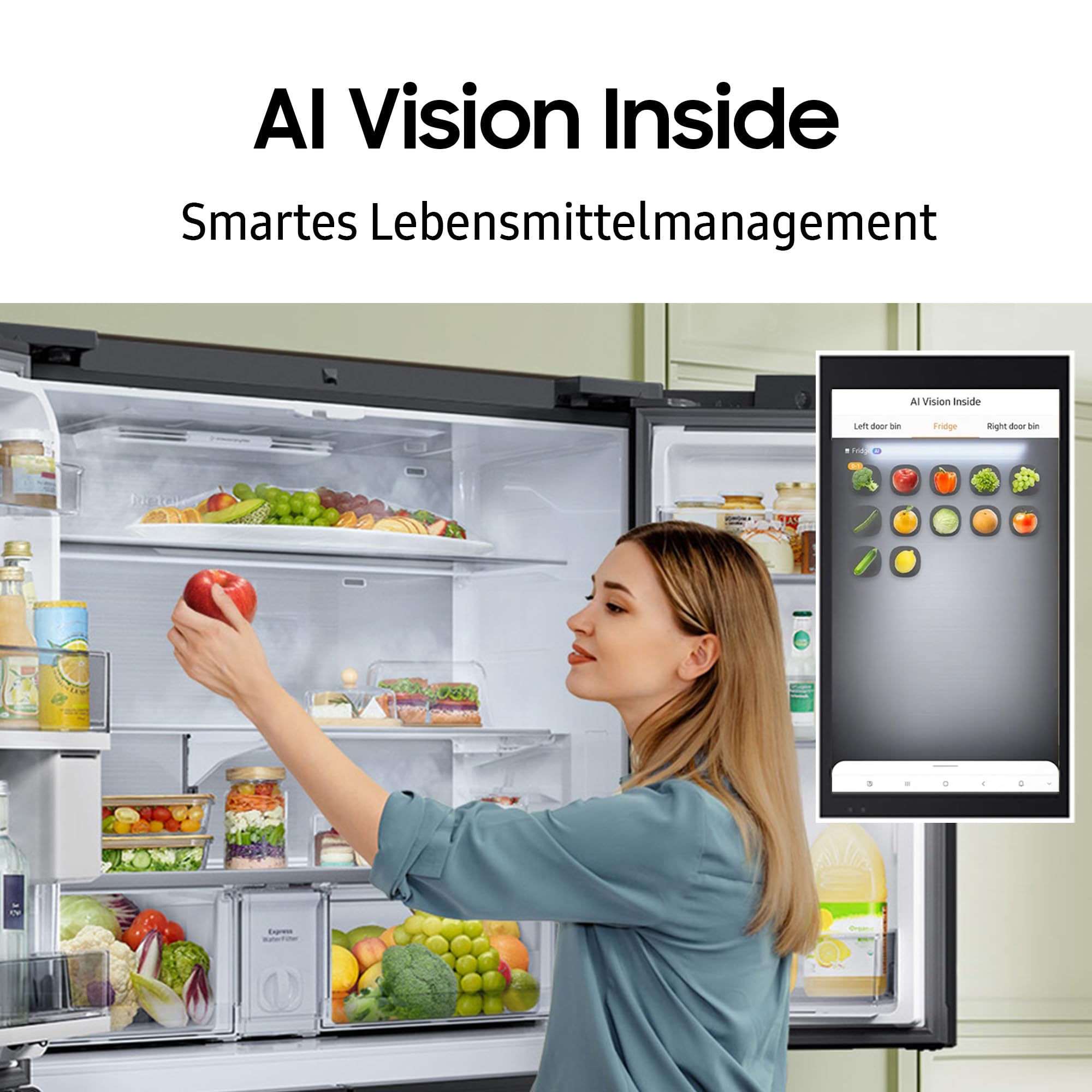 Samsung RM90F67CECEF Bespoke French Door Kühlschrank, 185 cm, 654 l, 255 l Gefriervolumen, AI Home, AI Vision mit integrierter Kamera, Beverage Center, Clean Deep Charcoal 3