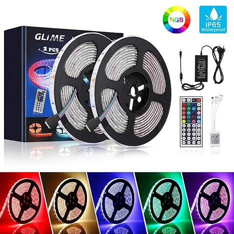 GLIME LED Streifen 10M LED Strip RGB Lichtband 2x5M LED Bänder 300LEDs 5050SMD LED Leiste Wasserdicht IP65 LED Band mit 44 Ta